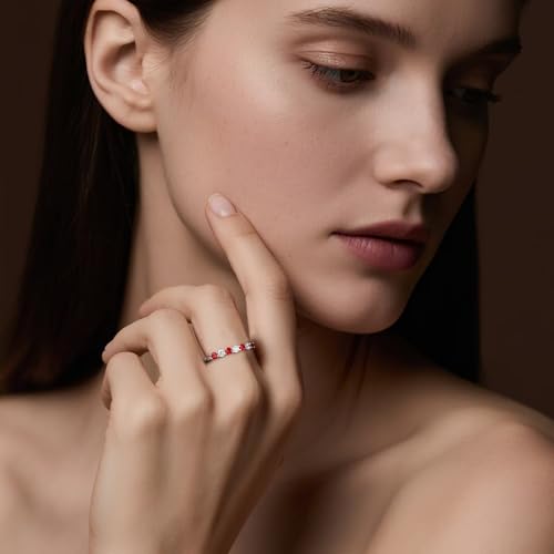 Iefil Birthstone Rings for Women - 925 Sterling Silver Half Eternity Band Rings, Created Gemstone, Birthday Anniversary Wedding Band for Women Wife, 7 Stone, Size 5 to 92