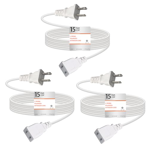 15FT White Extension Cord 2 Prong Thin Polarized 125V 5A 625W (3 Pack)