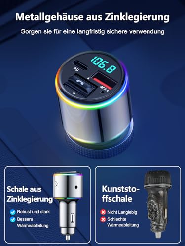 Babacom 48W Bluetooth Adapter Auto, 【PD 30W & QC3.0 18W】【Ganzmetall】 AUX-Anschluss FM...