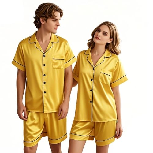 Matching Satin Pajamas for Couples - Women & Men Short Sleeve Button-Down Silk PJs,Soft Holiday Pajama Sets2