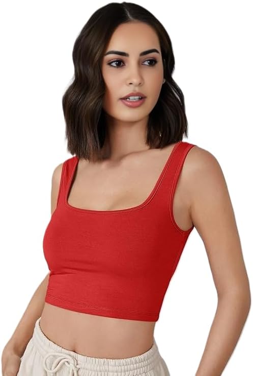 Women's Square Neck Double Layer Cropped Top Basic Sleeveless Crop Tank Top Elegance Pack of 1 (in, Alpha, XL, Regular, Standard, RED)