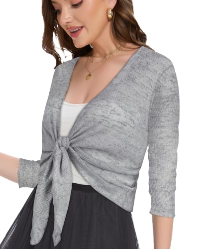 Image of Women Crop Cardigan Sheer Mesh Bolero Shrug for Dress Tie Front 3 /4 Sleeve Tops