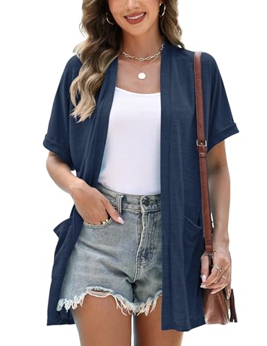 Micoson Womens Short Sleeve Open Front Cardigan with Pockets 2026 Summer Casual Loose Cover up Navy Blue XL