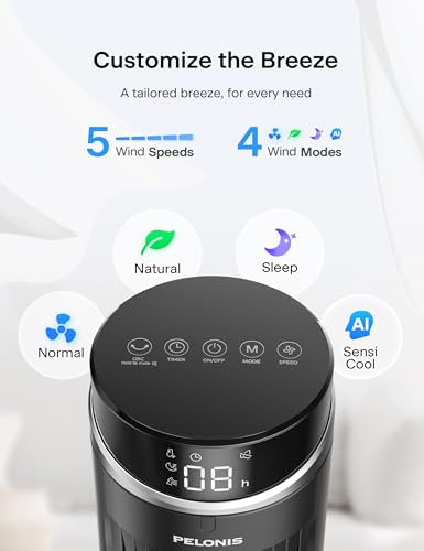 Image of Pelonis 42-Inch Tower Fan for bedroom, Standing Fan with 90 Oscillation, 28ft /s, 5 Speeds & 4 Modes, Eco Mode, 12H Timer, 23dB Quiet, Remote Control, Easy Assembly, LED Display