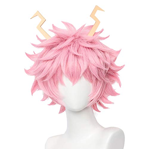 Pre-Styled Mina Wig + 2 Horns for Mha Anime Short Pink Cosplay Fluffy Spiky Hair Wigs for Halloween Party + Cap