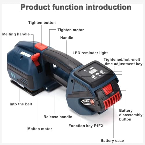 Elektrische Umreifungsmaschine, automatisches Umreifungswerkzeug für 1,27 cm (1/2 Zoll) PP/Haustiergurte, tragbares Ballenbandwerkzeug mit LCD-Bildschirm und Batterie
