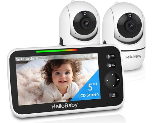 HelloBaby Baby Monitor with 2 Cameras 305 m Long Range 26 Hours Battery 5 Inch Split Screen 355/120 Panning Tilt Baby Monitor No WiFi ECO 2-Way Audio Night Vision 8 Lullabies