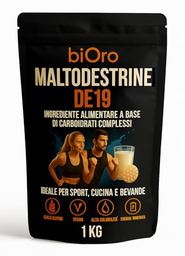 biOro Maltodestrine DE19 in polvere – Ingrediente alimentare a base di carboidrati complessi – ENERGIA RAPIDA per SPORT, CUCINA e BEVANDE – Senza glutine – Vegan – 1 kg