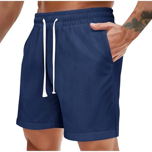 VOGFFR Mens Gym Shorts with Pockets Linen Athletic Bermuda Beach Shorts Loose Tie Waist Comfortable Swim Trunks Fashion Navy