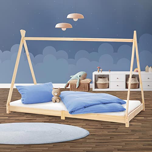 ML-Design Lit d'enfants Tipi 90x200 cm avec Sommier à Lattes, Bois Massif, Naturel, Tente Indien de Jeu Intérieur, Cadre pour Fille et Garçon, Stable,...