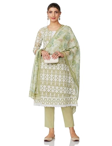 Image of Amazon Brand - Myx Women Chikankari A-Line Kurta Pant Set with Dupatta (Available in Plus Sizes)
