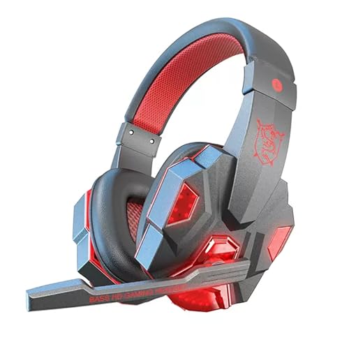 eBoutik - Auriculares para juegos con micrófono y cancelación de ruido, conector con cable de 3,5 mm y sonido envolvente para uso universal para juegos, transmisión, vlogging, etc. (rojo)