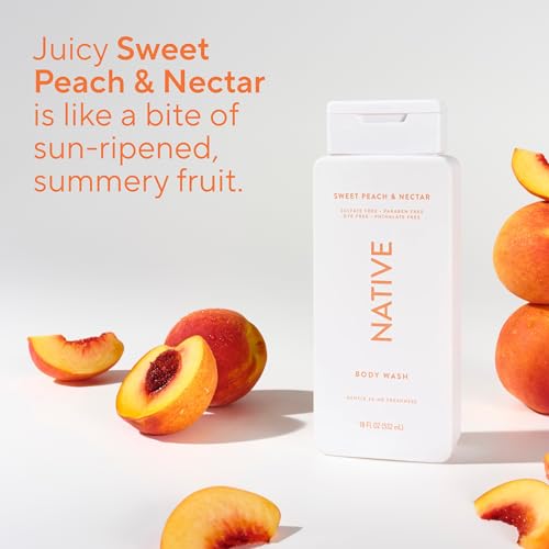 Image of Native Clean Body Wash, Gentle & pH-balanced for Sensitive Skin, 24-Hr Freshness for Women & Men, Vegan & Cruelty-Free, Free of Sulfates & Parabens, Sweet Peach & Nectar, 18 fl oz
