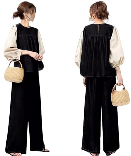 [YUANYUAN] レディース セットアップ ２点セット トップス+ワイドパンツ 上下セット パンツスーツ 長袖 ドンキング カラーマッチング ロング丈 ストレート カジュアル ゆったり 可愛い オシャレ 切り替え 大人 春夏 秋 (ブラック,M)