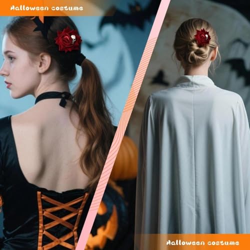 Pinza de cabello rosa Halloween con flores y calavera miniatura 6