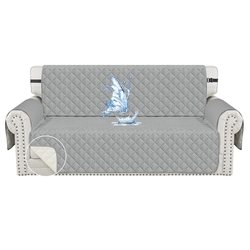 CYCMACO Funda Impermeable Sofa 3 Plazas, con Brazos, Funda Sofa Antiarañazos Gatos Perros, Correas Elásticas, Antideslizante, Universal, Ajustables, Lavable, Gris Claro