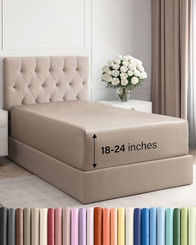 Image of Deep Twin XL Fitted Sheet - College Dorm Room Essentials - Heathered Beige | Easily Fits 18 inch to 24 inch Mattress, Wrinkle Resistant, Soft, Breathable & Comfy, Extra Deep Pockets Fitted Sheet
