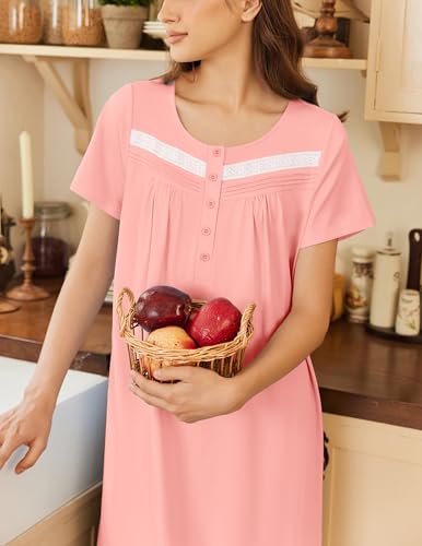 Image of Ekouaer Nightgown for Women Cotton Long Night Gown Short Sleeve Nightdress with Pockets Button Sleepshirt Soft Sleepwear