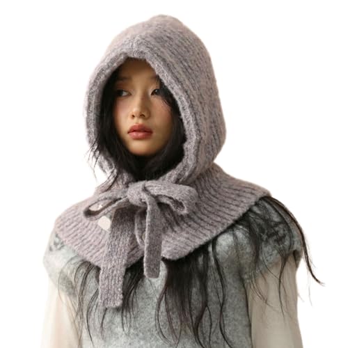 SPONGL Korean Knitted Headgear Hat with Adjustable Necktie and Scarf Hoodie for Women Winter Warmth Fashion Head Accessory