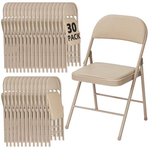 Image of 30 Pack Khaki Folding Chairs with Padded Cushion and Metal Frame