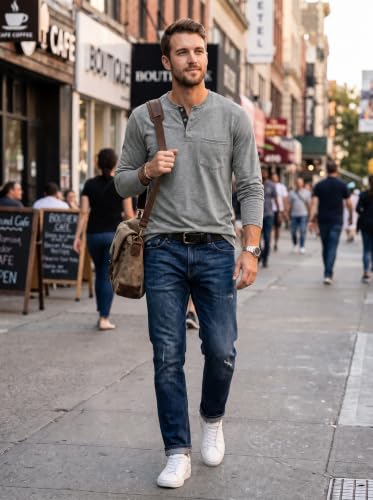 Image of Lexiart Mens Fashion Henley Shirts Long Sleeve Button Cotton T-Shirt with Pocket