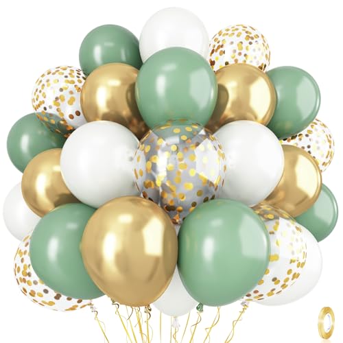 Sage Green and Gold Balloons - 12 Inch Olive Green, White Metallic Gold Confetti Latex Balloons Set for Girls Women Birthday Wedding Jungle Baby Shower Party Decorations