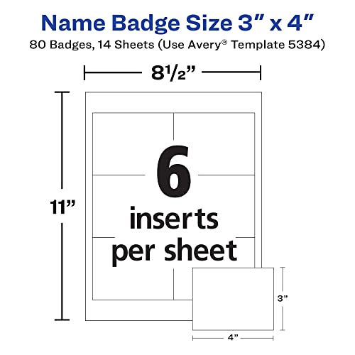 Image of Avery Customizable Name Badge Clips, 3 inch x 4 inch, White, 2 Packs, 80 Printable Inserts and Badge Holders with Clips Total (21879)