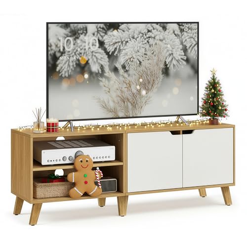 VASAGLE - VASAGLE Meuble TV pour TV jusqu'à 60 pouces, armoire pour TV avec 2 portes, étagères réglables, longueur 140 cm, pour salon, chambre à coucher, chêne naturel et blanc crème LTV027N01