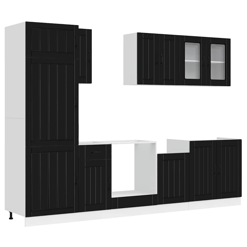 Set Mobili da Cucina 8 Pezzi Kalmar Nero in Legno | Soluzione modulare da cucina con pensili in vetro e piedini regolabili, ideale per ottimizzare ogni spazio.