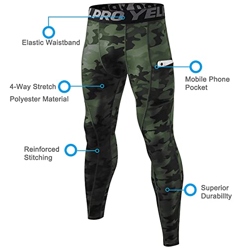 Yuerlian 1 Pack Men's Compression Pants Running Tights Workout Leggings Cool Dry Yoga Gym Pants With Pocket Camo Green #TOP2
