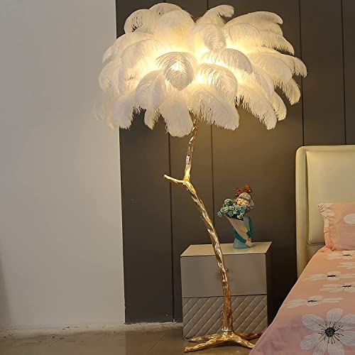 Lámpara de pie LED de resina fina y plumas de avestruz para decoración exclusiva.