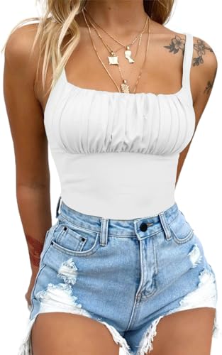 BEJONS Women's Sexy Square Neck Ruched Bodysuit Sleeveless Double Lined Tank Tops