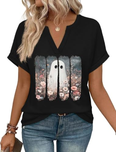 Women Fall Halloween V Neck Shirt Funny Autumn Short Sleeve Tee Retro Ghost Floral Graphic Thanksgiving Tops (26-820-Black,XL)