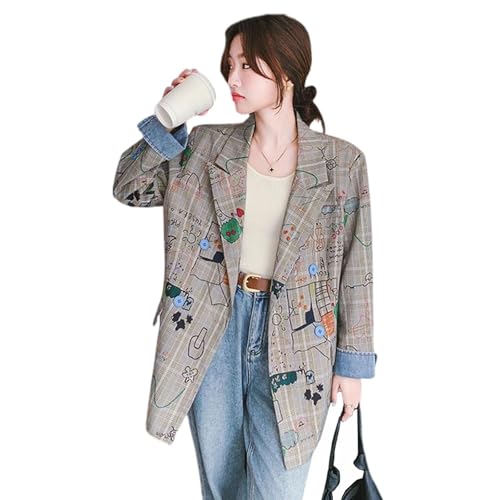 Women's casual long sleeved graffiti sports jacket, women's Korean checkered printed suit jacket