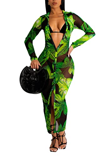 Image of Women's Sheer Mesh Long Sleeve Bodycon Midi Dress Club Night Out Dresses Beach Cover Up Dress