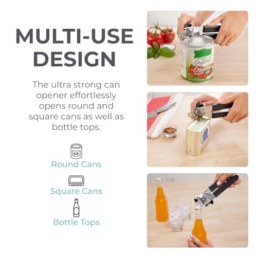 Image of Kitchen Genie Slip Resistant Stainless Steel Manual Can Opener, Sharp Blade for Smooth Edge Cuts, Easily Open Cans, Ergonomic Handles with Easy to Turn Knob, Built-In Bottle Openers, Pitch Black