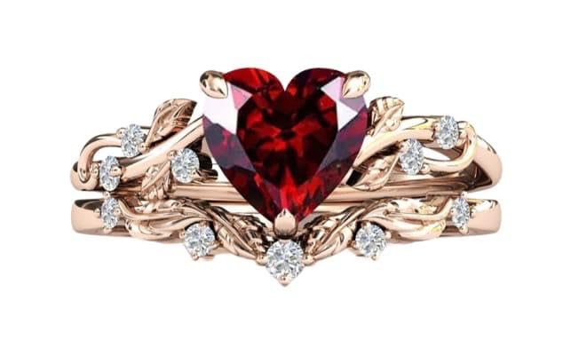 Generic vintage heart shape red garnet Wedding ring set Promise ring Engagement Ring set womens ring anniversary ring set, rose gold2
