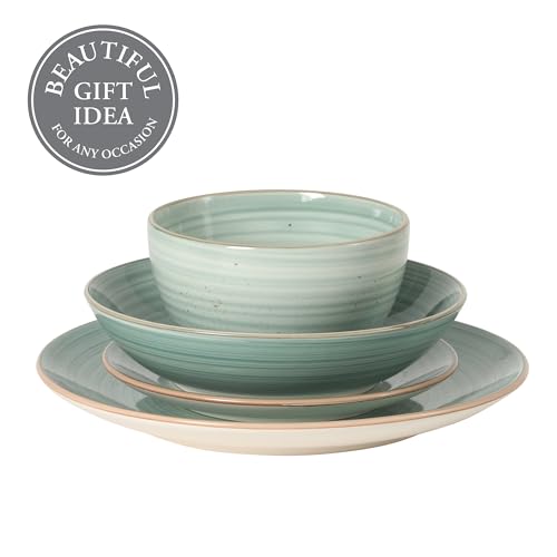 Image of Gibson Home Stonebury 16 Piece Plates and Bowls Teal Dishes - Handpainted Stoneware Dinnerware Set - Service for 4