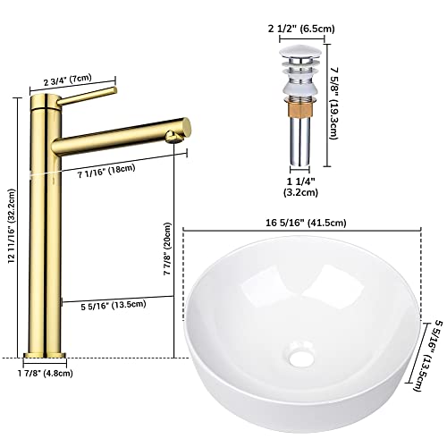 Aquaterior Vessel Sink With Faucet And Drain Combo 16" Round Bathroom Countertop Vessel Sink And Gold Bathroom Faucet & Pop Up Drain Single Hole Vanity Mixer Bar Tap (Cupc Nsf Cec) #TOP6