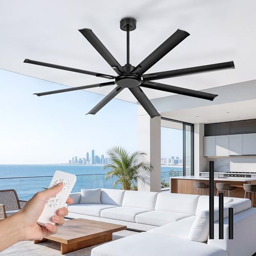 Image of 72 Inch Industrial Ceiling Fan Without Light, Matte Black Outdoor Model for Covered Areas, 8 Aluminum Blades, Powerful Airflow, Modern No-Light Design, CF04NBK-72