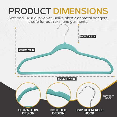 Image of Techzoo 50 Pack New Premium Quality Velvet Hangers Ultra Thin Non Slip Adult Felt Space Saving Hangers for Closet Heavy Duty Coat Pants Dress Hangers 360 Swivel Hook Hold Upto 10 lbs Teal