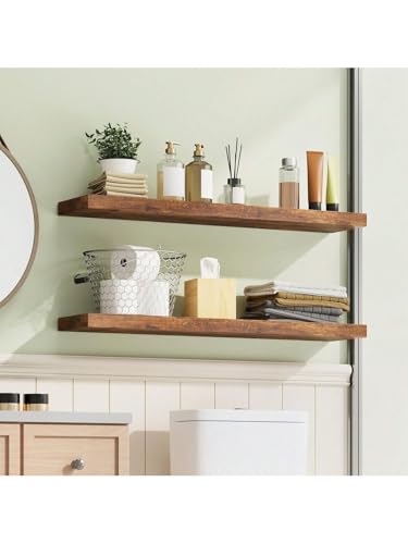 Image of Solid Wood Floating Wall Shelves | Rustic Wooden Display Shelves for Living Room, Bedroom, Kitchen & Bathroom | Heavy Duty Wall Mounted Shelves (20 Inches, 2 Shelves)