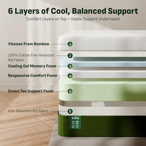 Image of Softa 10 Inch Queen Cooling Gel Memory Foam Mattress, Breathable Bamboo Cover, Fiberglass Free, Green Tea Support Foam, Medium Firm Feel for Pressure Relief, CertiPUR-US Certified, Mattress in a Box
