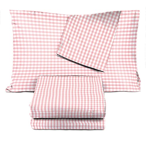 Saturday Park Pink Gingham Checkered Luxury Full Sheet Set - 100% Cotton Soft Bedsheets - Includes: Flat Sheet, Fitted Sheet + 2 Pillowcases - Oeko-Tex Certified #TOP2