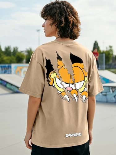 Image of Bewakoof X Garfield Garfield Women's 100% Cotton Graphic Print Oversized Fit Half Sleeve V-Neck T-Shirt | Casual wear | Streetwear | Oversized Tshirt for Woman Cotton| Baggy
