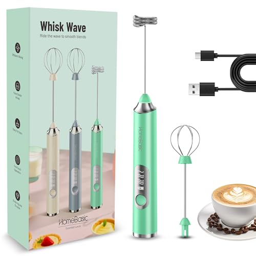 Image of HOMEBASIC Coffee Frother Electric Handheld, 3-Speed Milk Frother Rechargeable with Dual 304 SS Whisks, 8000 RPM Foam Maker for Latte, Cappuccino, Matcha, Eggs | Whisk Wave (GRN)