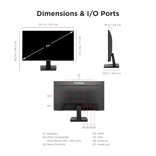 Image of ViewSonic VA2748-MH 27 Inch 1080p Monitor, IPS Display with 120Hz for Immersive Home and Office Viewing, Variable Refresh Rate, HDMI, and VGA Inputs