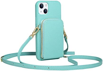 Anyos Crossbody Wallet Case for iPhone 14 Plus, [6 Card Slots] Leather Zipper Purse Phone Case with RFID Blocking Card Holder Wrist Strap Handbag Case Women for iPhone 14 Plus 6.7 inch-Light Blue