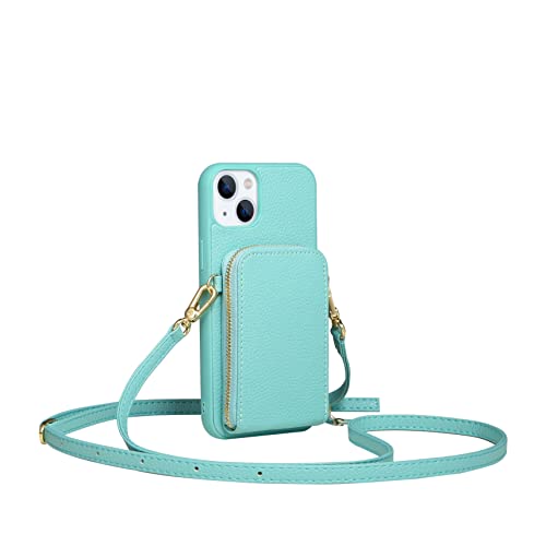 Anyos Crossbody Wallet Case For Iphone 14 Plus, [6 Card Slots] Leather Zipper Purse Phone Case With Rfid Blocking Card Holder Wrist Strap Handbag Case Women For Iphone 14 Plus 6.7 Inch-Light Blue #TOP1