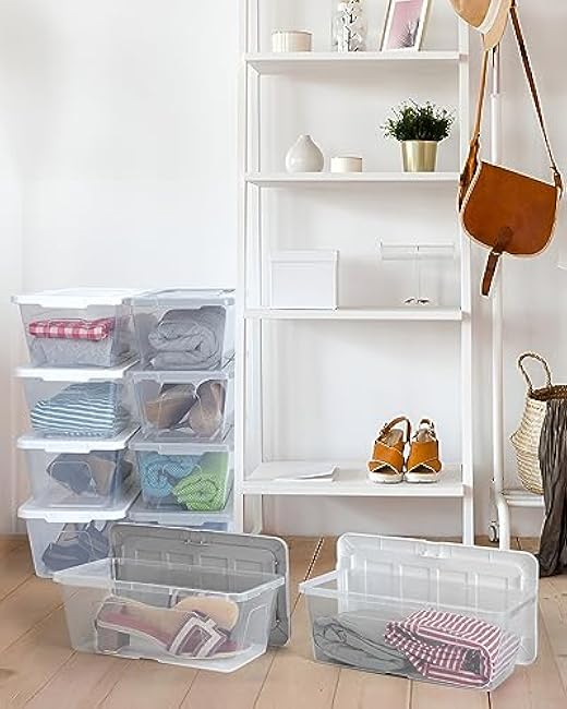 Plastic Storage Bins with Lids, 12 Packs Set, Storage Boxes with Lids and Stackable Shoe Boxes For Organization, Clear Plastic Storage Containers For Closet Home Office, White